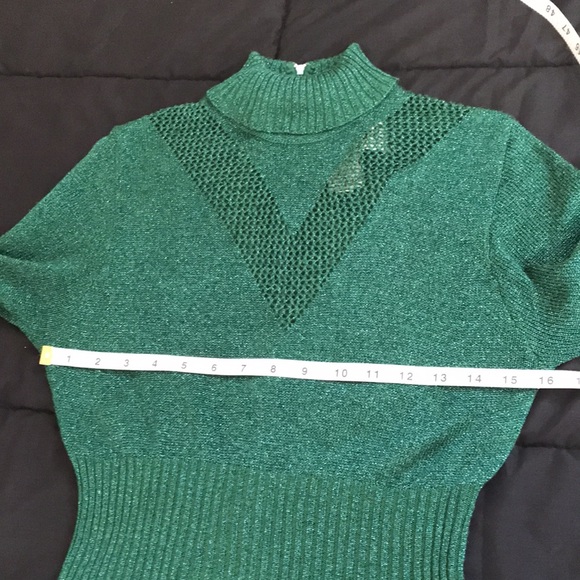 Vintage Wenjilli Metallic Knit Long Sleeve Maxi Dress Turtle Neck; Mesh V @ Neck - Picture 9 of 16